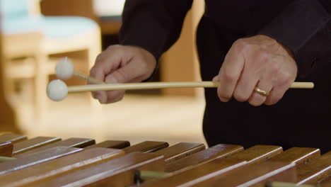 hombre tocando el xilófono o el instrumento de percusión glockenspiel