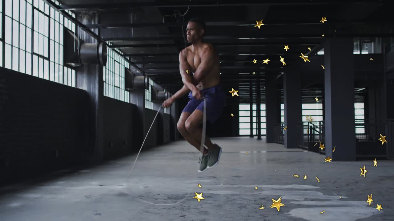 Athlete gripping rope handles triggers workout, performing jumps with golden stars swirling
