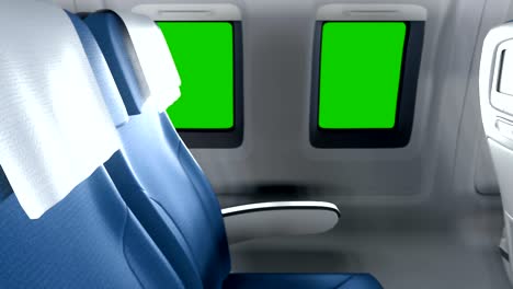 the camera flies past the empty seats in the modern cabin towards the window with green screen. the interior of a modern aircraft with passengers on the seats.