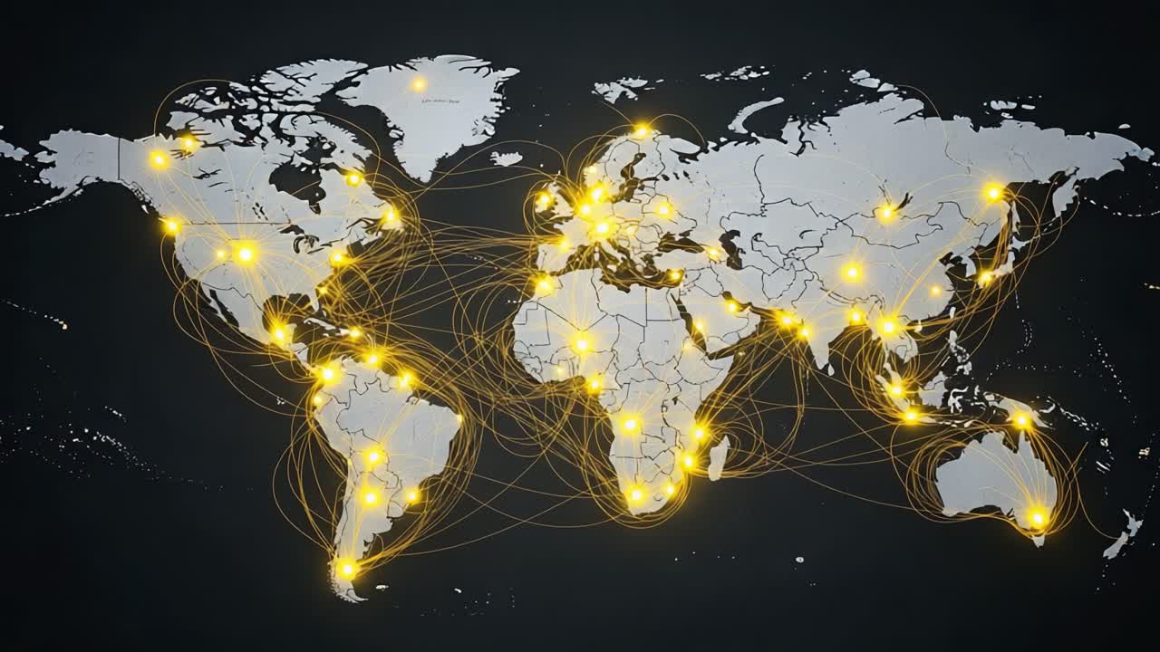Dynamic Global Connections: A Visual Representation of Interconnectedness Across Continents and Regions Highlighted by Illuminated Paths and Nodes