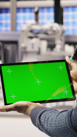 vertical video solar panels plant technician uses green screen tablet to oversee systems