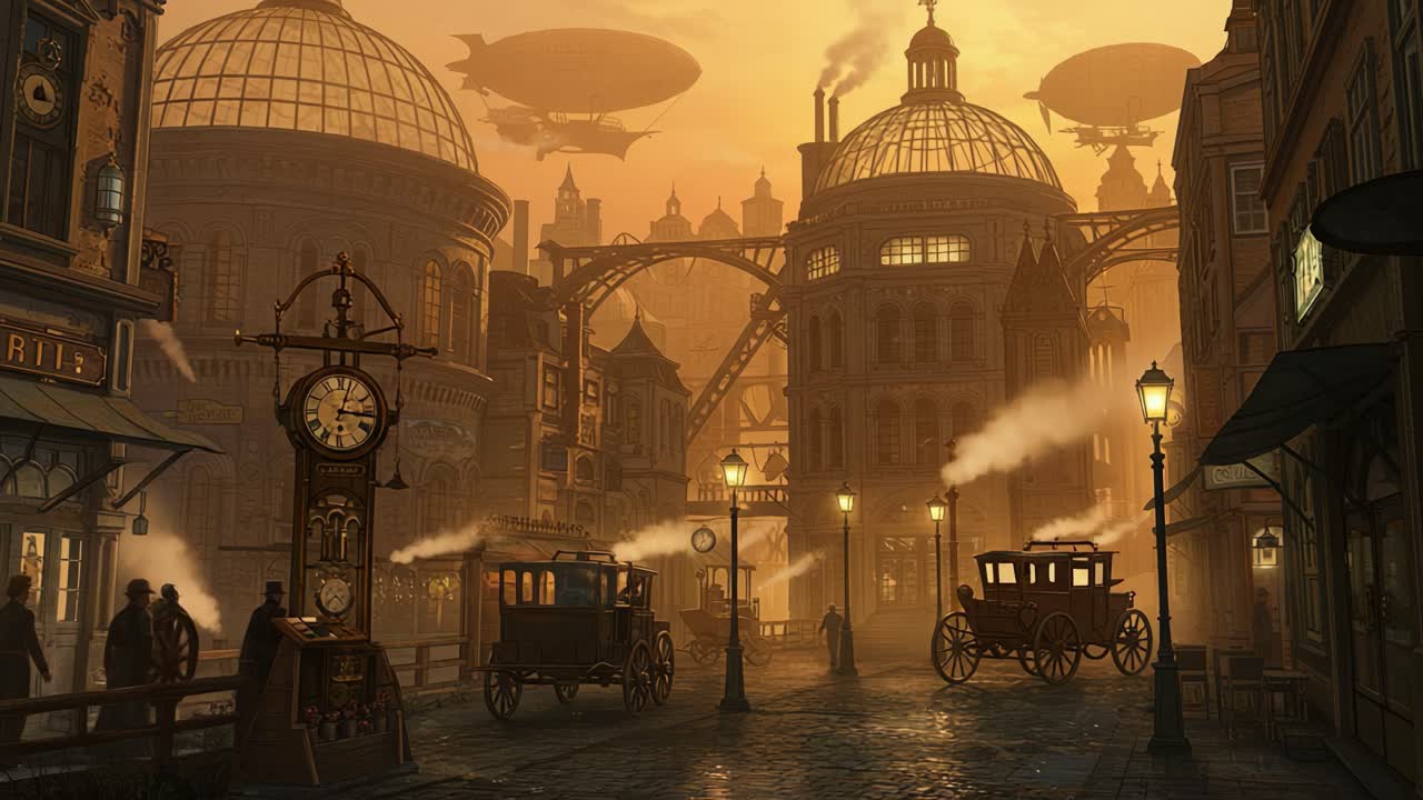 A Steampunk Cityscape at Dusk Featuring Airships, Vintage Vehicles, and Ornate Architecture Illuminated by Street Lamps
