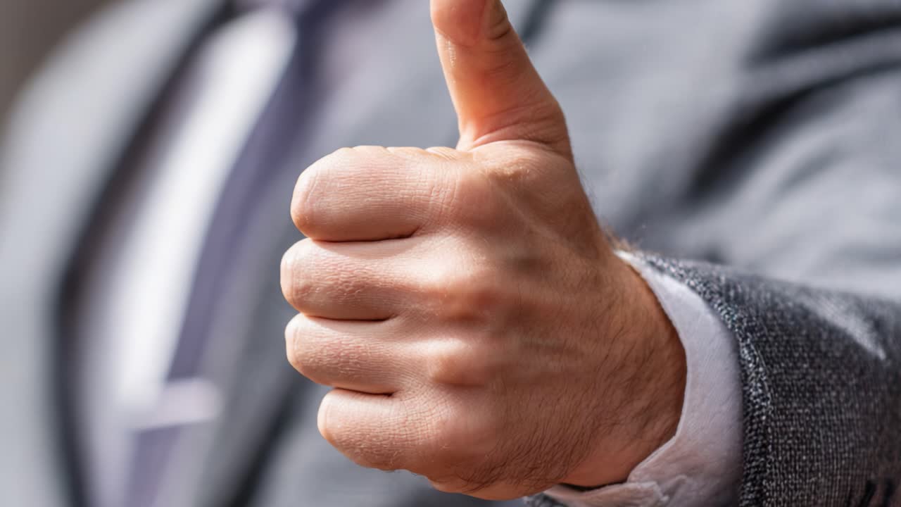 A Confident Gesture: A Close-Up of a Man's Hand Giving a Thumbs Up Signal, Symbolizing Approval and Positivity in a Professional Context