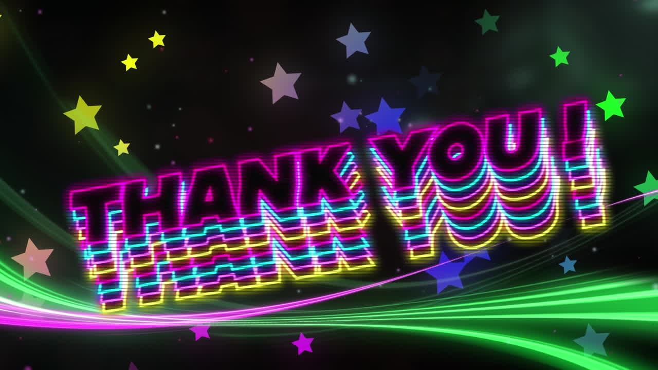 흑색 바탕에 무지개 별이 그려진 애니메이션 "thank you!"