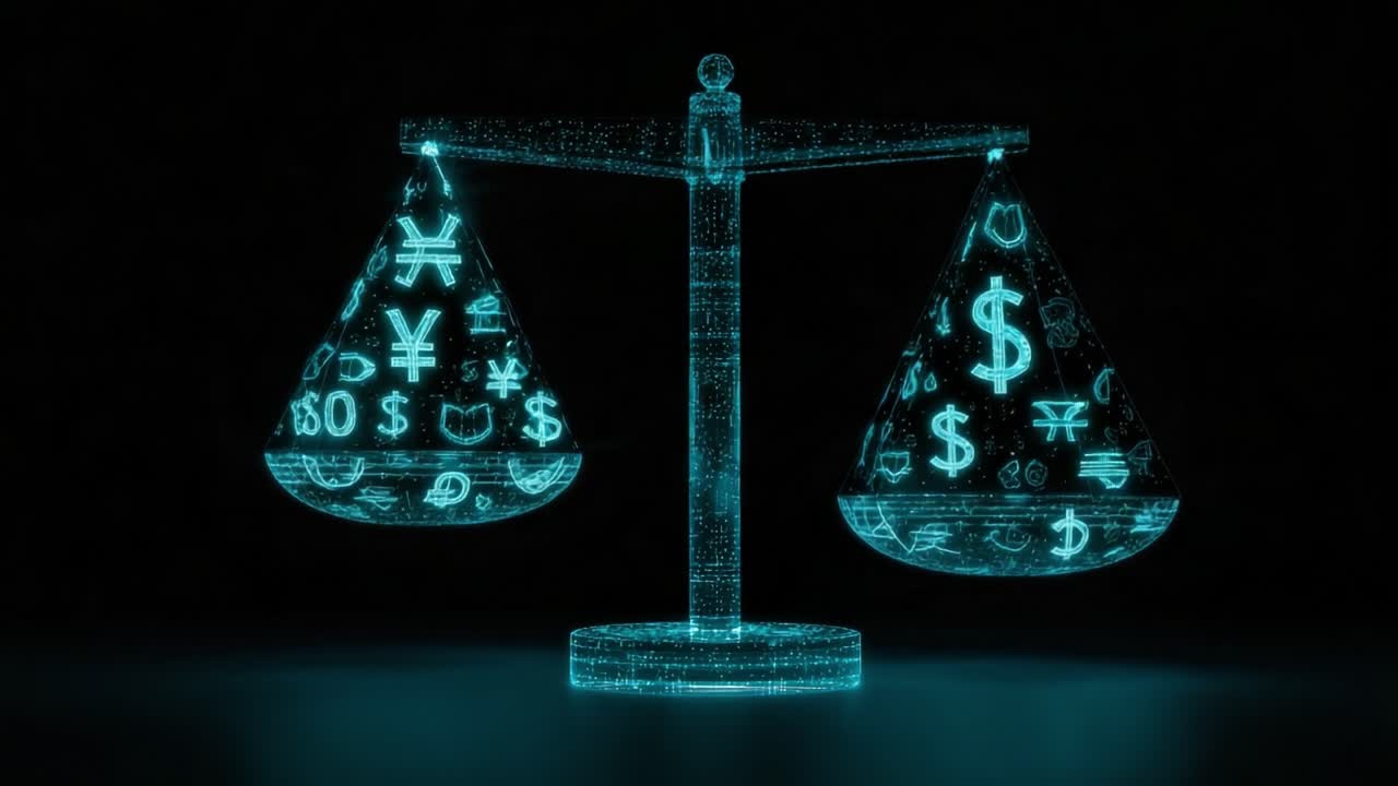 Glowing digital justice scale balancing international currency symbols on a dark background. Concept of foreign exchange market, economic stability, and global financial trading business