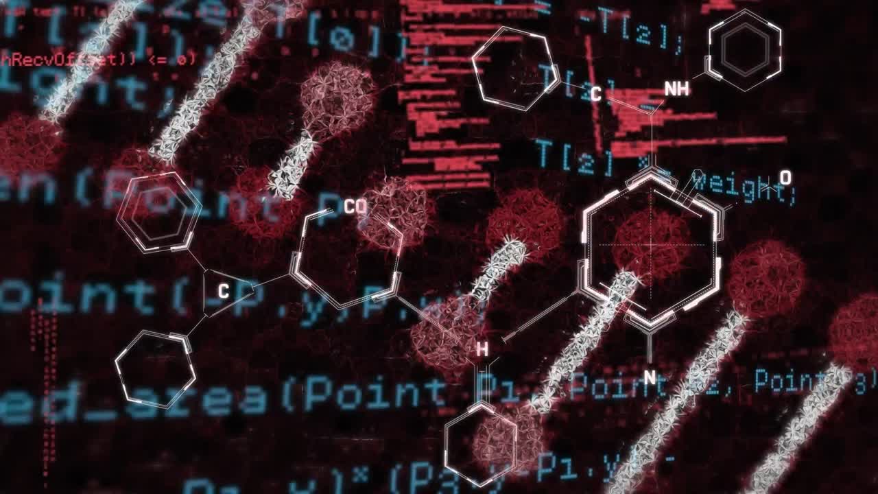 Animation of computer language over molecule structures and dna helix against black background