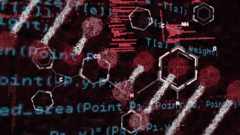 animation of computer language over molecule structures and dna helix against black background