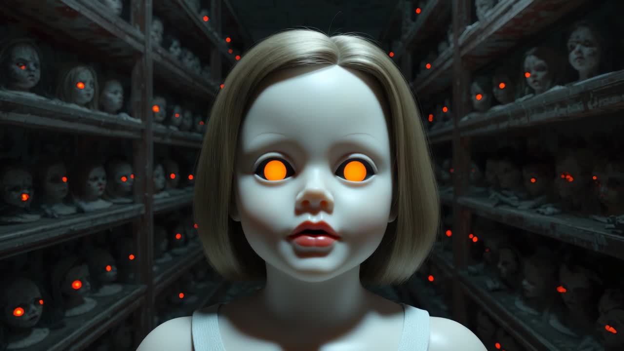 Porcelain doll appearing from corridor end walking toward camera amid doll heads, glowing eyes