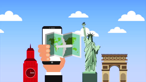 hand with smartphone and travel items animation