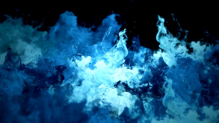 Esplosione di colore - Esplosioni multiple di fumo blu colorato, particelle fluide di polvere, liquido e gas in slow motion con maschera alfa