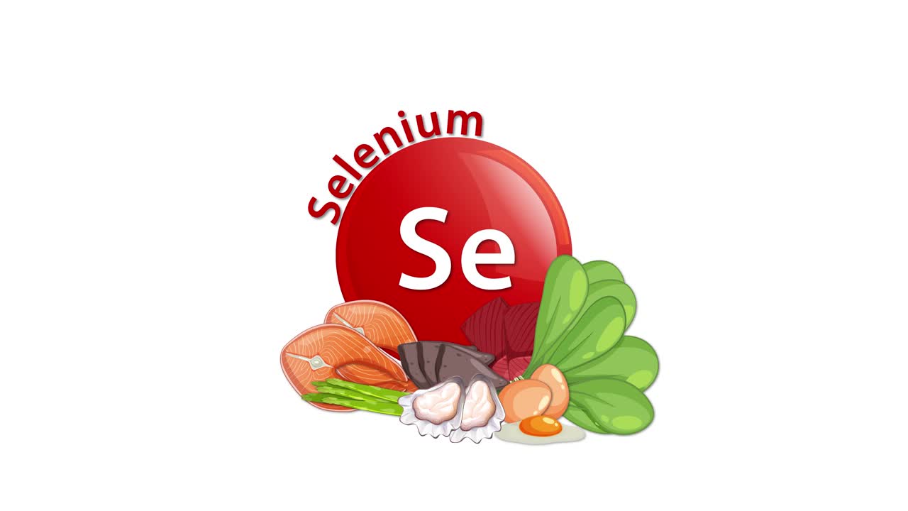 A red selenium element icon animates in with assorted vegetables and nuts, using smooth transitions on a clean white background, emphasizing nutritional sources