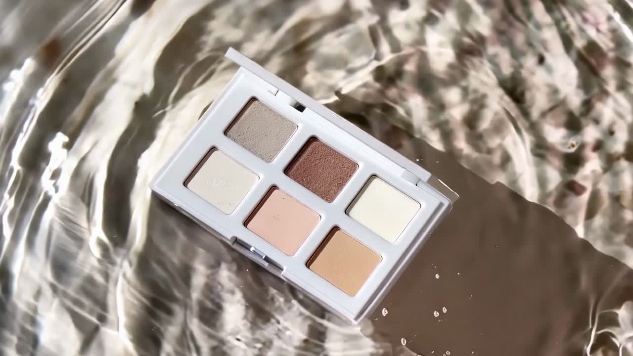 Aerial view of a makeup palette floating on rippling water, showcasing a serene, artistic style