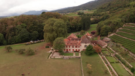 Wegfliegen-Von-Einem-Schönen-Alten-Gebäude-In-Der-Schweizer-Landschaft