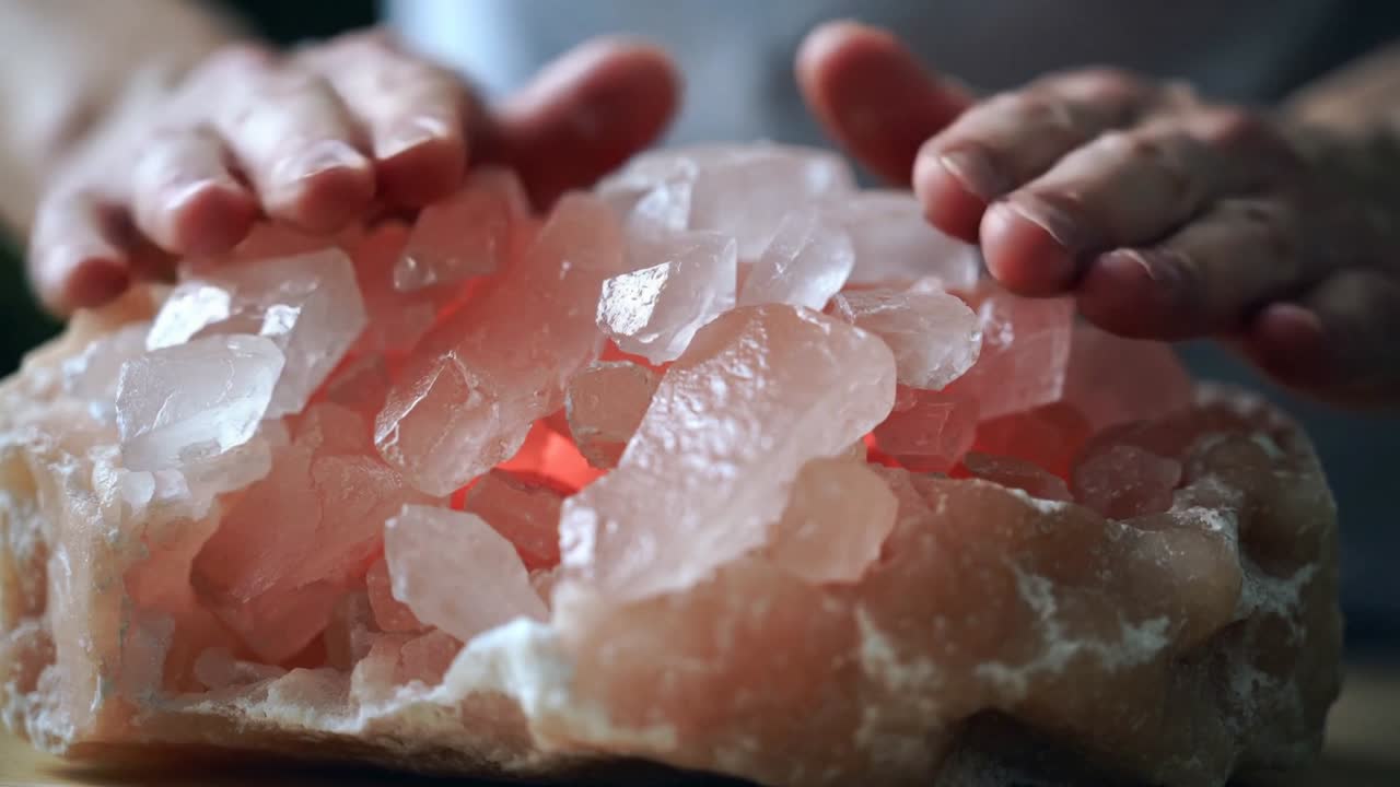 Notando un bagliore interno, mani adulte si librano, poi premono e spingono i cristalli rivelando una luce rossa.