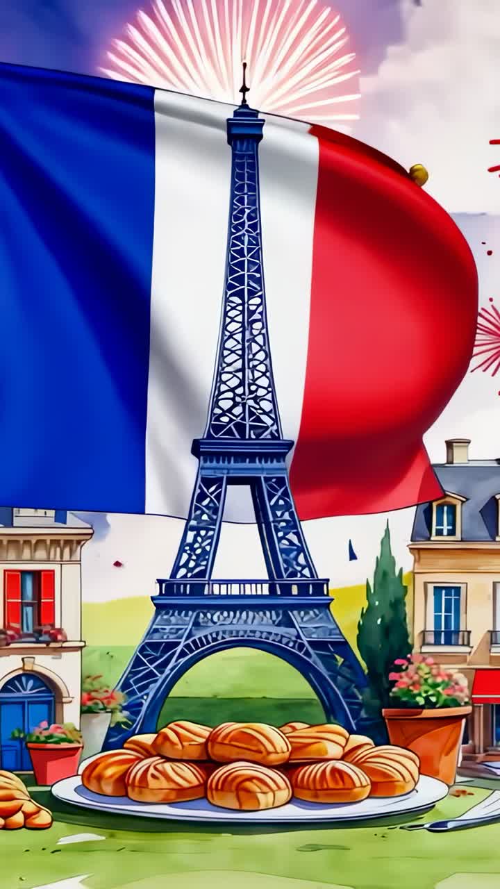Vertical video: Launching fireworks at dusk behind Eiffel Tower flag in Paris, with croissants