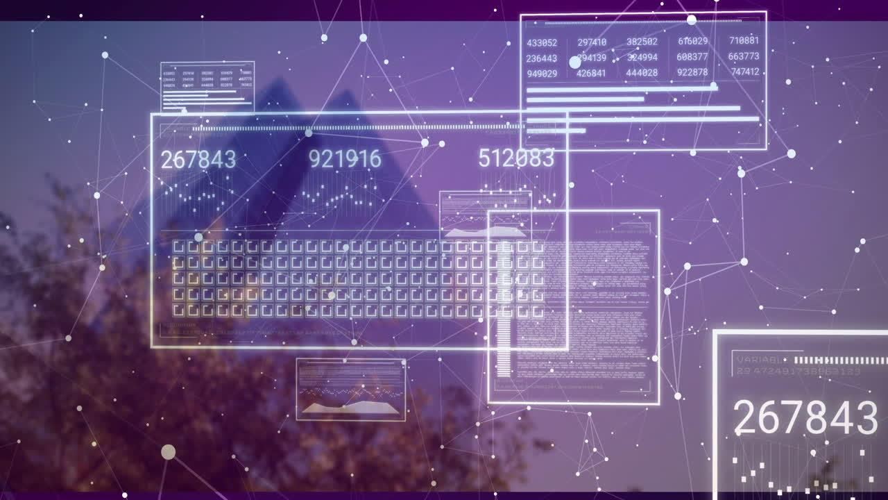 Animation of digital data overlaying cityscape with network connections in school