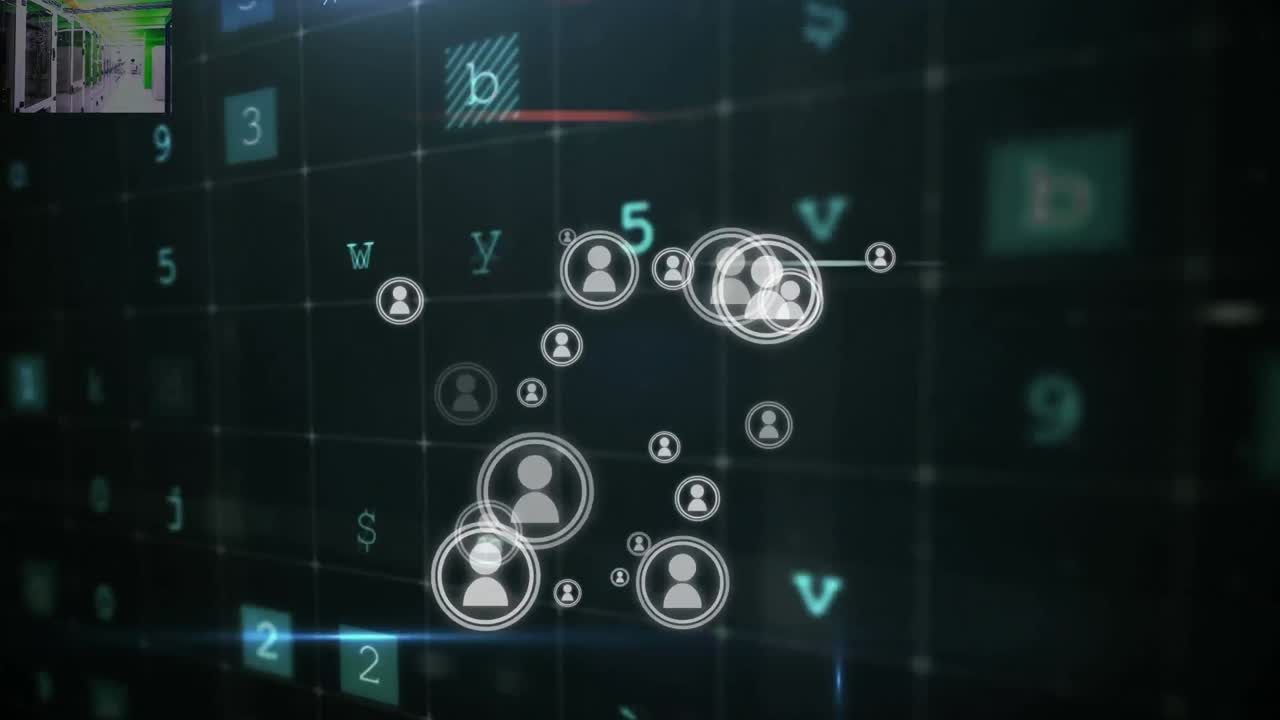Animation of icons floating over virus warning on black background
