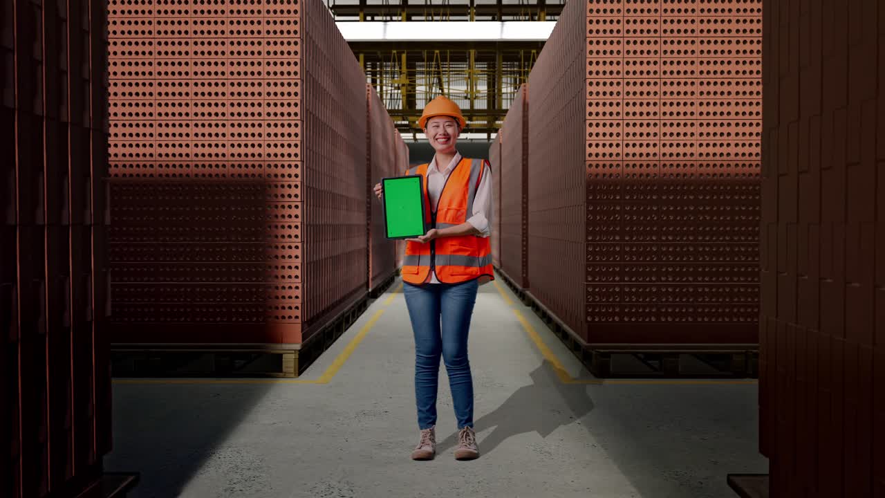 Full Body Of Asian Female Engineer With Safety Helmet Smiling And Showing Green Screen Tablet To The Camera With Red Brick Packed in Stacks Are Stored