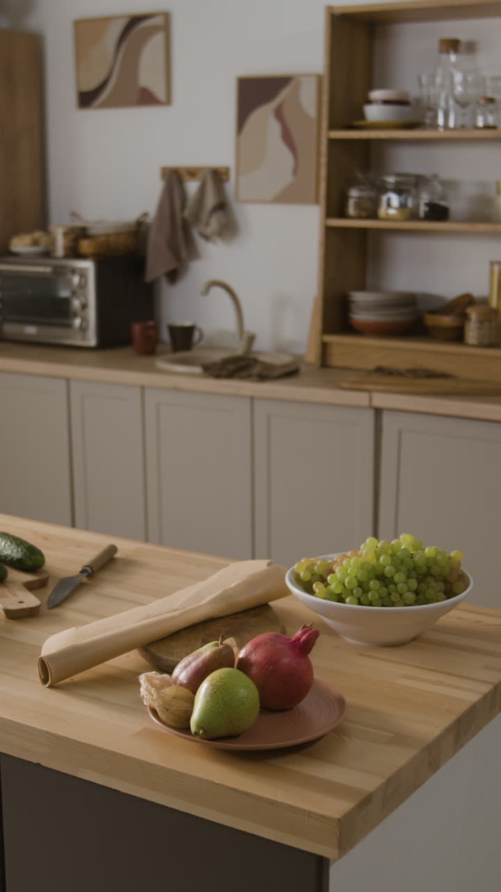 Still life of fruits and baguette on a kitchen countertop