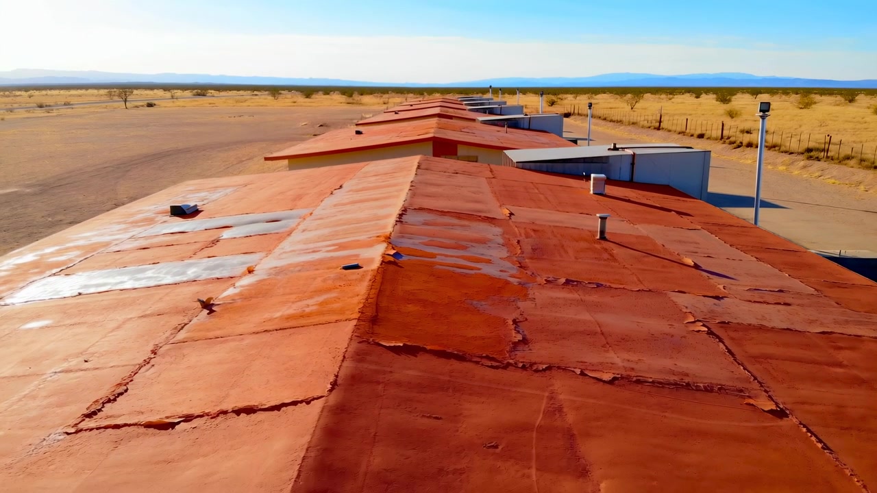 Elevated oblique view follows roof ridge of low building row as weathered red orange flat roofs recede into open desert, foreground shows torn, patched roofing membrane with seams, vents, and hard