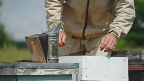 smoker tool ready for usage at bee hive. apiarist uses metal instrument to extract frame from hive and examine it. blurred backdrop.