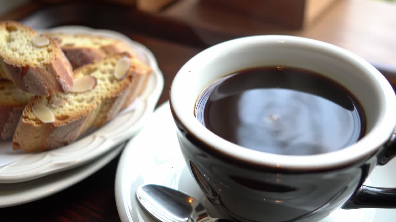 A Warm Cup of Coffee with Crunchy Biscotti: Perfect Pairing for a Cozy Moment of Indulgence and Relaxation at Any Time of Day