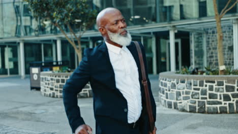 running, late and black man outdoor for business