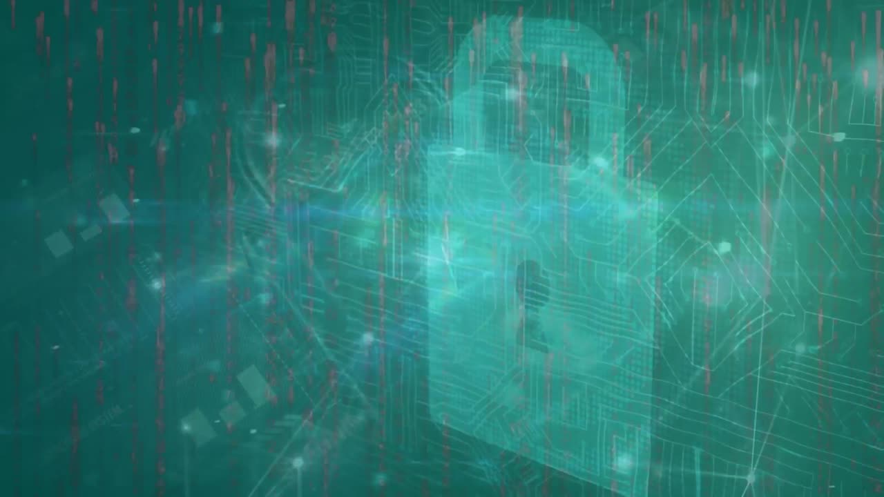 Animation of network of connections with data processing over padlock icon