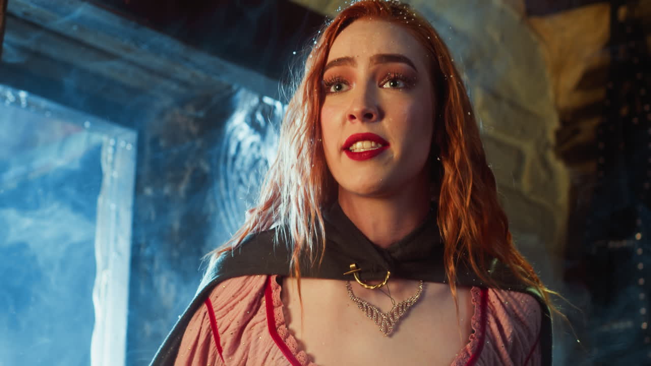 hermosa mujer conmocionada se rompe en la taberna en un día de invierno. expresiva joven princesa en problemas corre dentro y grita en el pub. escena de juego de rol medieval