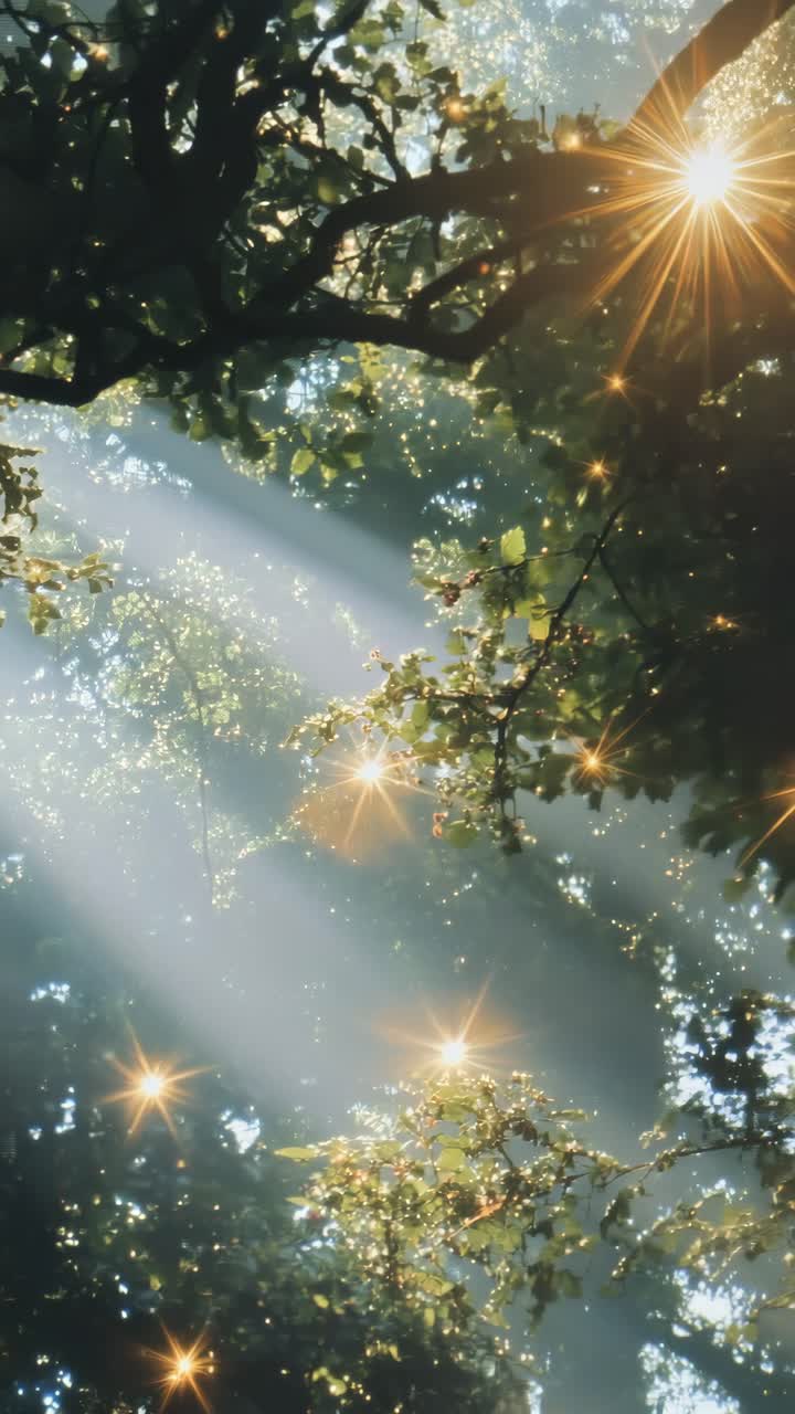 A magical forest scene with sunlight filtering through leaves, captured from a low angle