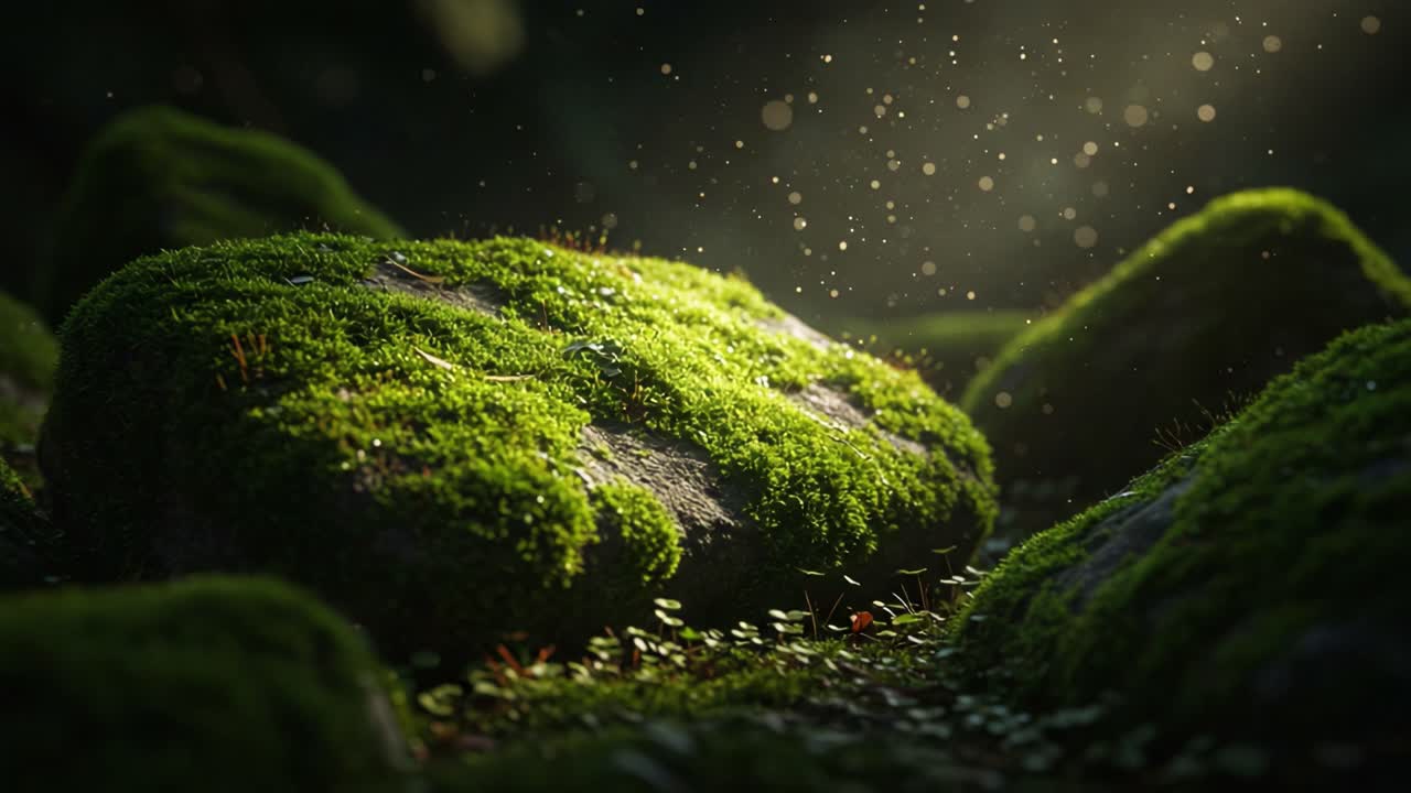 Captivating Natural Scene of Moss-Covered Rocks Amidst Glimmering Light, Highlighting the Beauty of Forest Ecosystems and Their Delicate Microenvironments