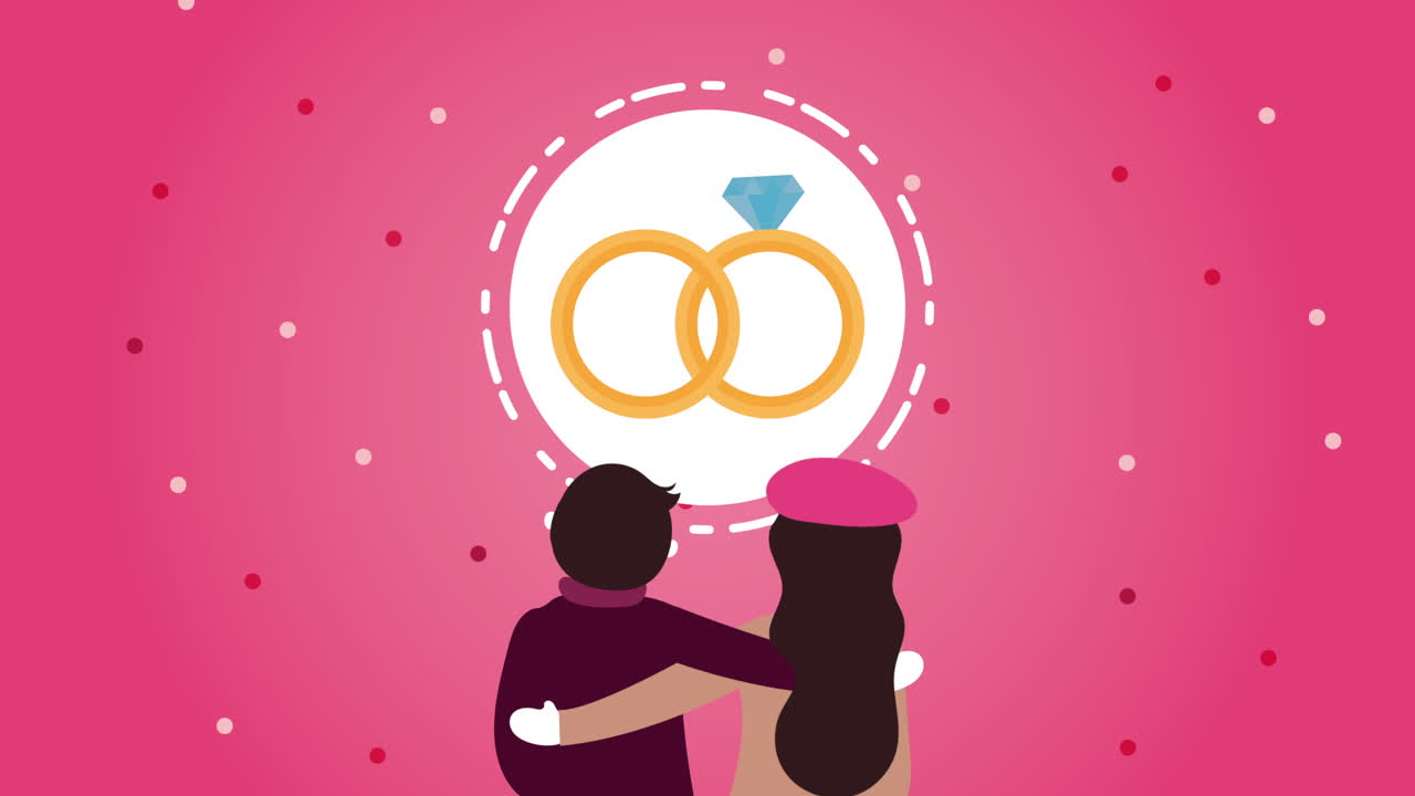 발렌타인 데이 애니메이션 카드와 연인 커플 및 제안 반지