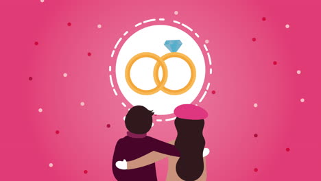 tarjeta animada del día de san valentín con pareja de amantes y anillos de propuesta