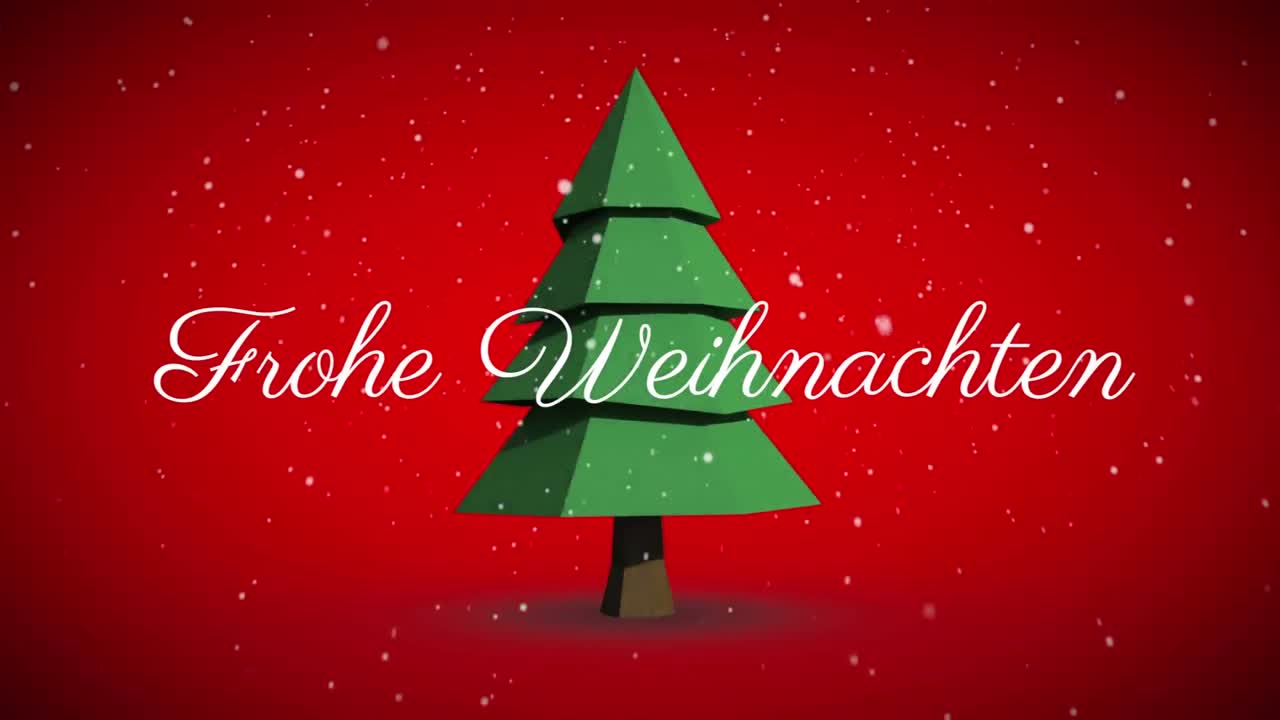 Text „Frohe Weihnachten“ und fallender Schnee vor sich drehendem Weihnachtsbaum-Symbol auf rotem Hintergrund