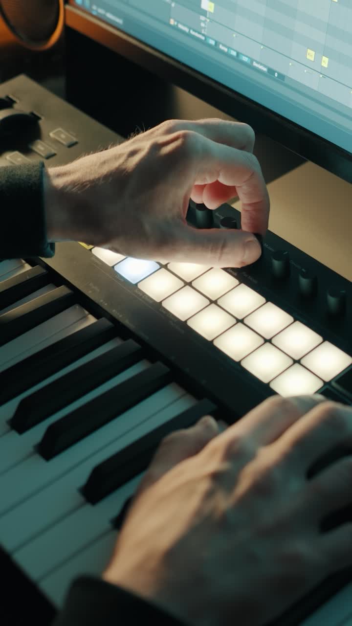 Music production. Man adjusting the knobs on a MIDI keyboard. Home studio