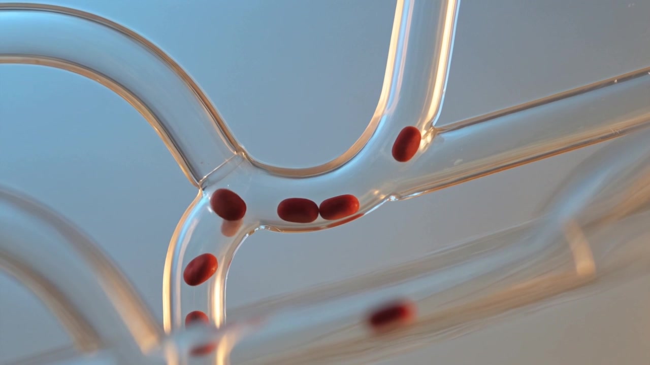 Flow initiating red capsules moving through clear branched microchannel junction in microfluidic