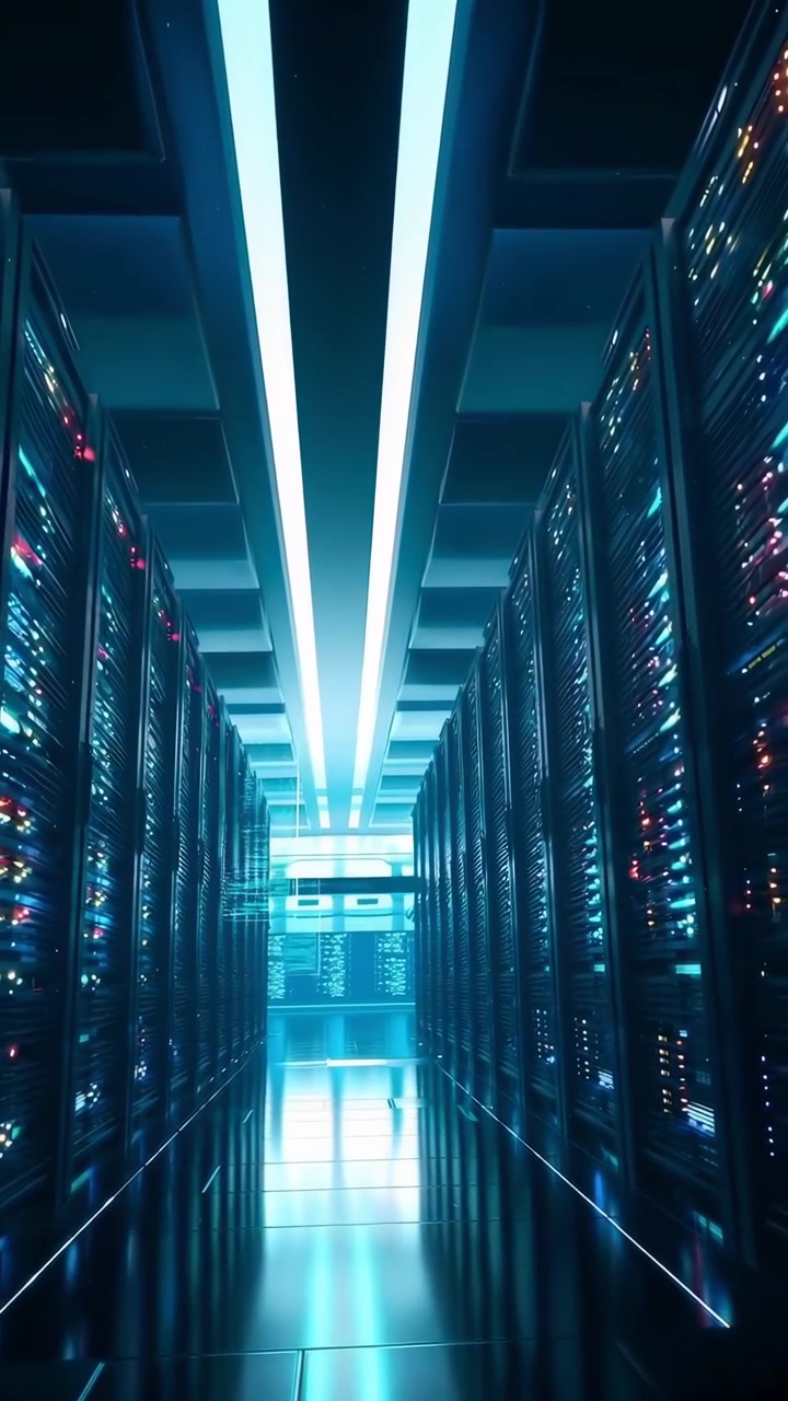 Camminare attraverso un moderno data center con server luminosi