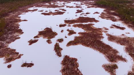 top down aerial of icy bog lake with islands and solo skater at winter sunrise