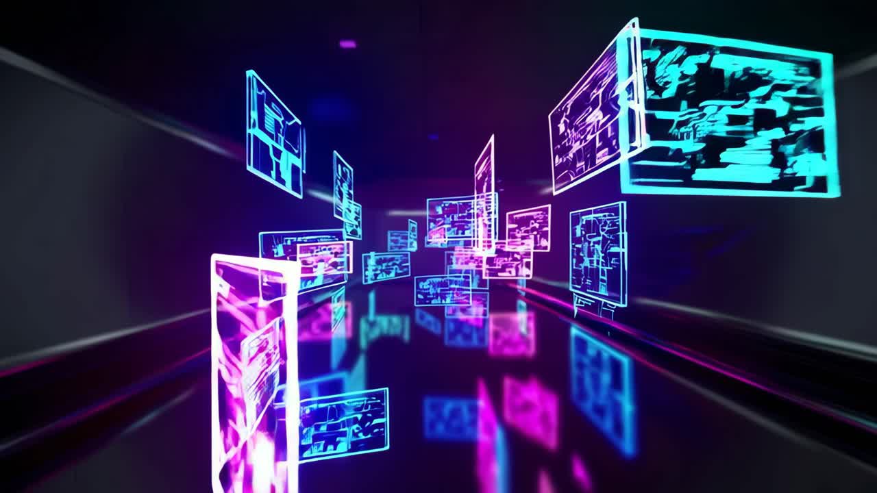 Moving Through a Futuristic Digital Tunnel with Glowing Screens