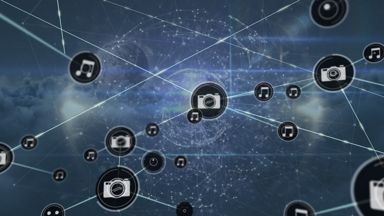 animación de la red de conexiones con iconos sobre el globo, el cielo y las nubes