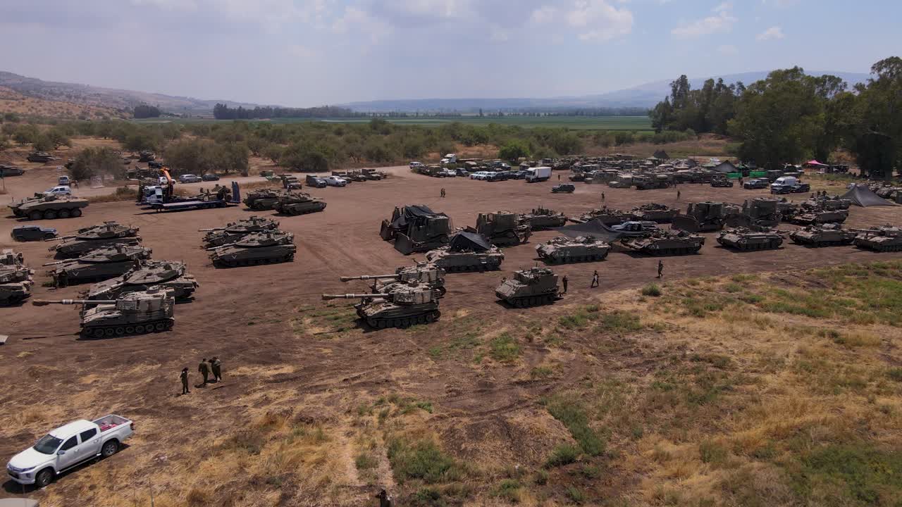 Aerial view of Israeli armoured vehicles in formation ready to advance into Gaza
