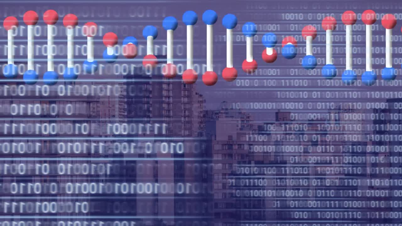 Animation of dna strand, binary coding with data processing over cityscape