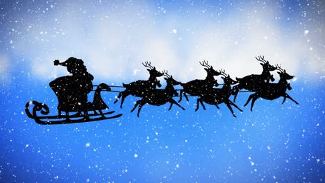 digital animation of snow falling over black silhouette of santa claus in sleigh being pulled