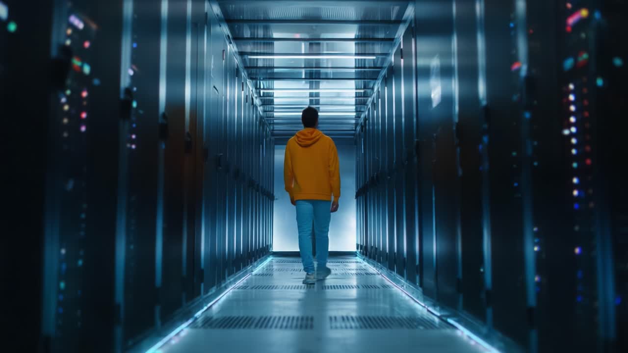 A solitary figure walks through a high-tech corridor filled with server racks, illuminated by cool blue lights that create a futuristic digital atmosphere