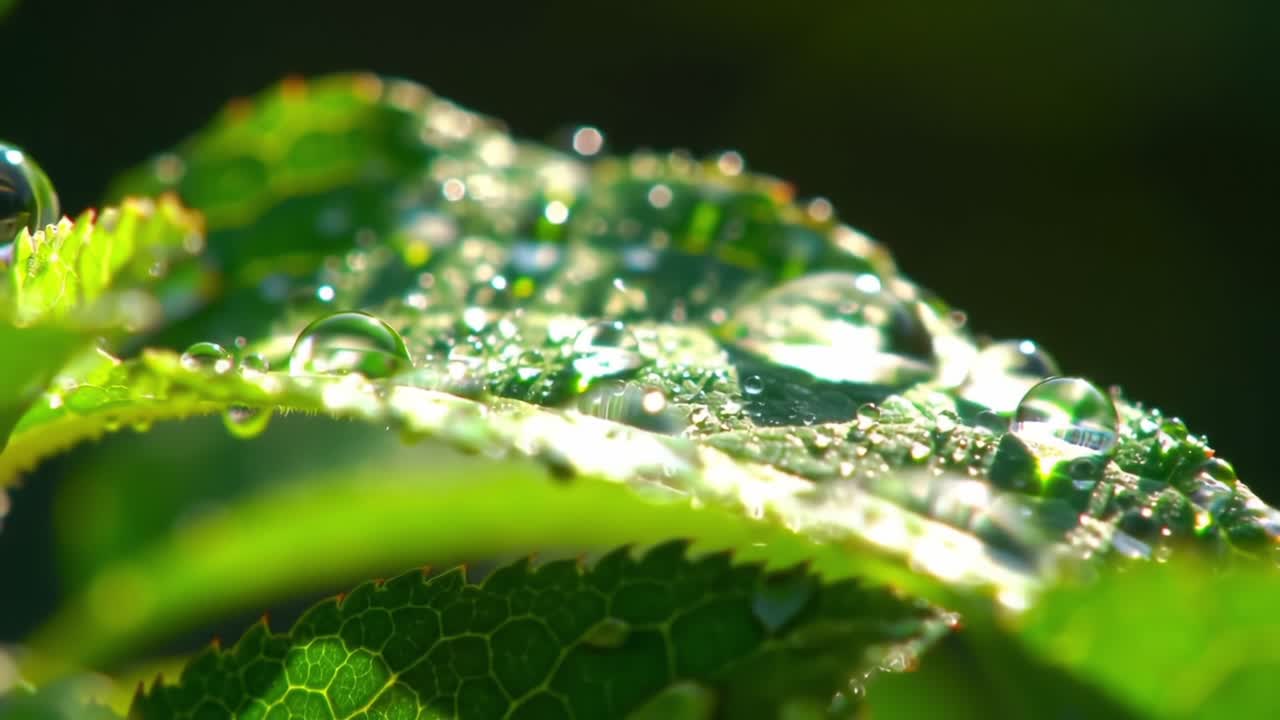Glittering Water Droplets on Vibrant Green Leaves Captured in Nature's Splendor: A Close-Up Perspective Showcasing Reflections and Freshness