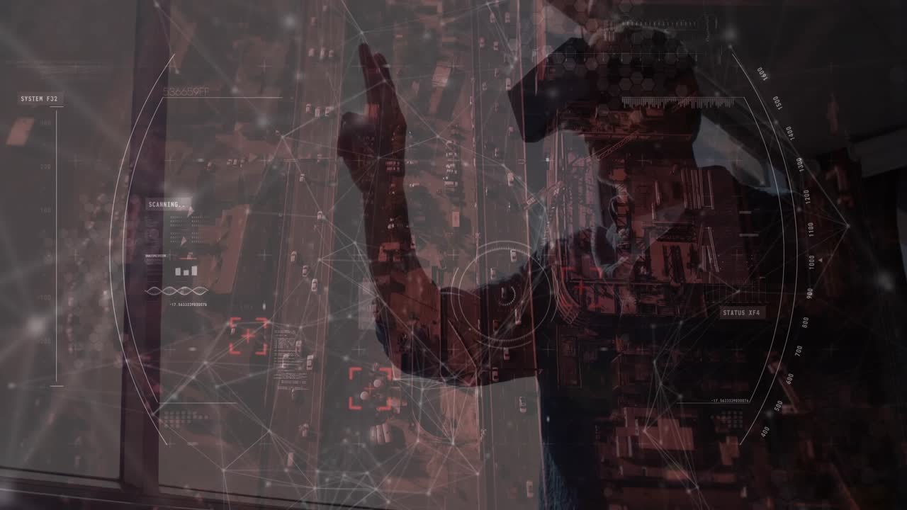 Animation of connections and road traffic over caucasian man using vr headset