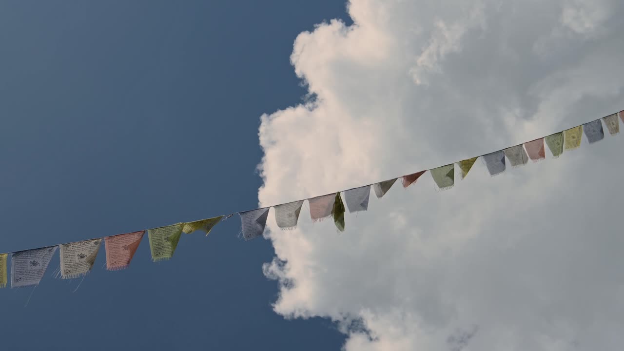 fondo religioso con espacio de copia, religión budista banderas de oración y cielo azul, budismo fondo de colorida bandera de oración soplando en el viento en nepal, fondo con espacio de copiado