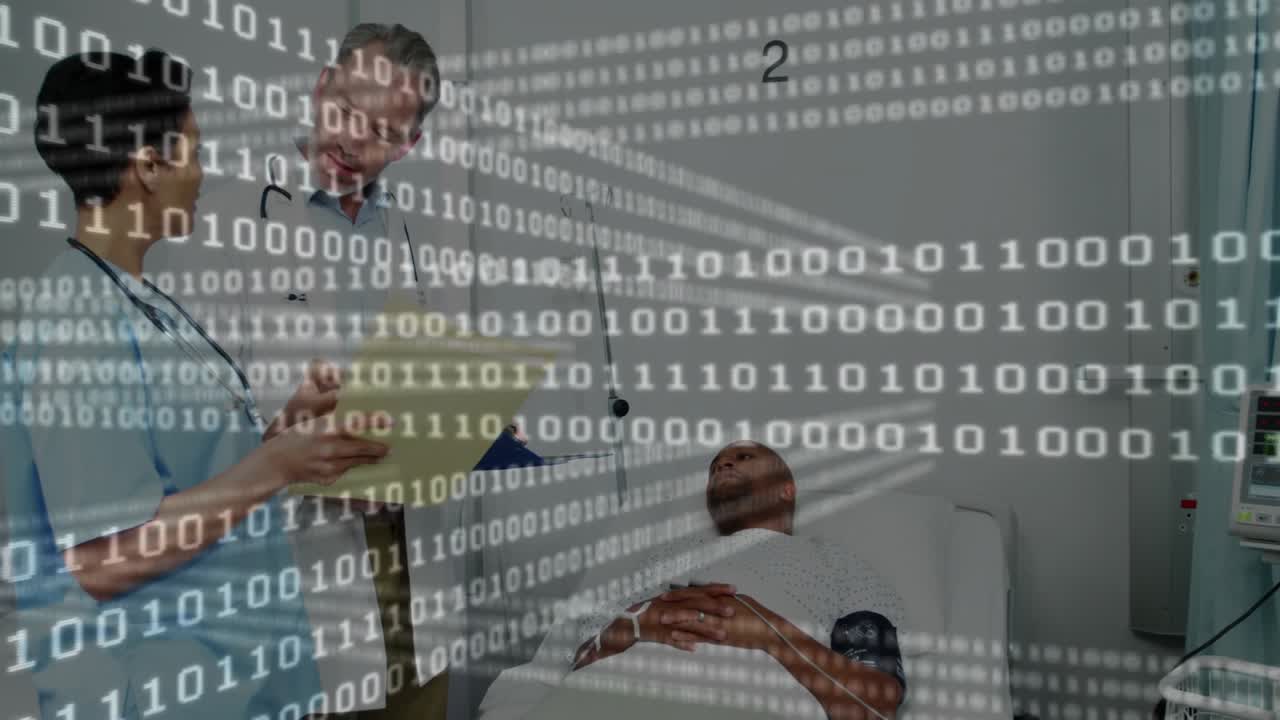 Binary code overlay fading in guiding doctor and nurse reviewing chart discussing treatment plan