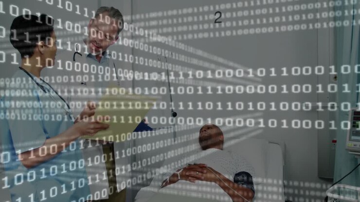 Binary code overlay fading in guiding doctor and nurse reviewing chart discussing treatment plan