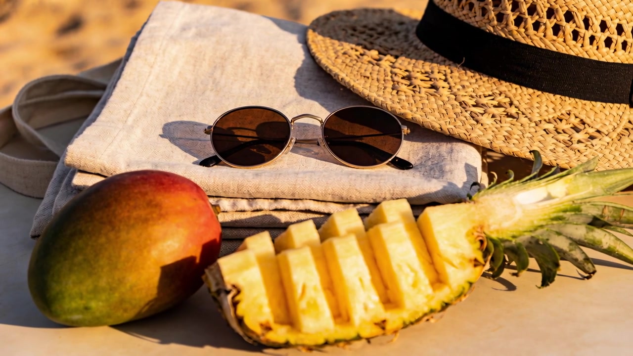 Bevegelig kamera og skiftende sollys rammer inn et stilleben på sanden, med fokus på ananas, solbriller og hatt.
